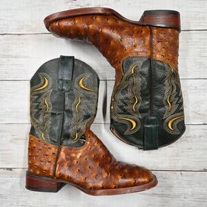 Herencia Cowboy Boots Kids 1.5 Cognac Ostrich Green Leather Western Square Toe